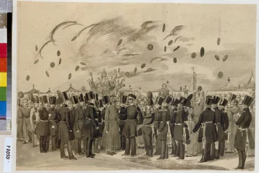 Le grand-duc Michel Pavlovitch visite le camp du régiment finlandais de la garde impériale, le 8 juillet 1837