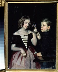 Portrait des deux enfants Gerbin contemplant un papillon