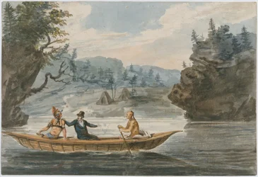 Deux Indiens et un Blanc dans un canoë