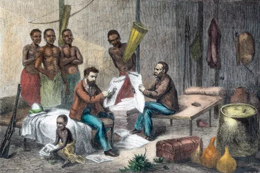 Livingstone et Stanley recevant des journaux en Afrique centrale, 1871-1873