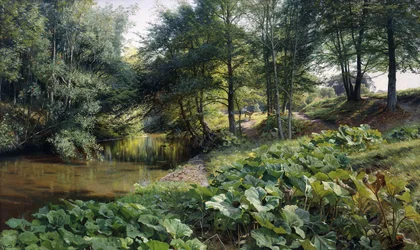 Paysage fluvial boisé avec des cerfs à l