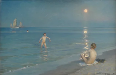 Garçons se baignant à Skagen. Soirée d