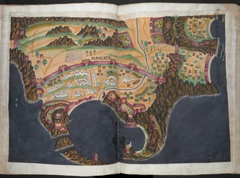 Plan ou vue de Mascate [Muscat], vers 1635 (pigment sur papier)