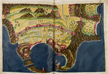 Illustration portugaise de Mascate, du manuscrit Livro do Estado da India Oriental de Pedro Barreto de Resende, Sloane MS 197