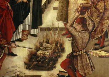 Détail de « Saint Dominique et les Albigeois » (Le Miracle des Fanjeaux) : le saint donne aux Albigeois le livre réfutant leur hérésie et les Albigeois essaient de le brûler, sans succès. Détail. Peinture de Pedro Berruguete (1450-1504). 16ème siècle