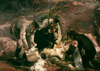 Don de sang. Des blessés de guerre sont secourus par des volontaires de la Croix-Rouge