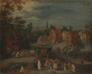 Village avec un marionnettiste divertissant une petite foule