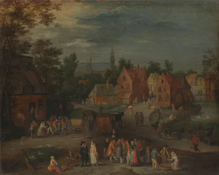 Village avec un marionnettiste divertissant une petite foule