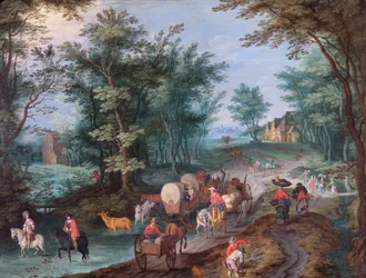 Paysage avec des figures traversant un ruisseau, 17ème siècle