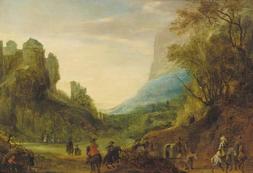 Paysage Alpin avec Voyageurs dans une Vallée