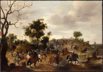 Paysage avec une bataille de cavalerie, gibet et moulin à vent au-delà