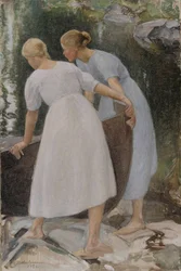 Filles poussant une barque
