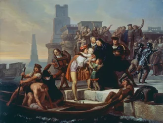 Christophe Colomb quittant le port de Palos de la Frontera recommandant ses fils au Père Giovanni Perez (1492)