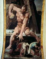 Ulysse et ses compagnons fuient la tanière de Polyphème. Fresque