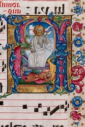 Bibliothèque Piccolomini : livre de chœur, cod. 101.7, ff. 14r avec "Résurrection du Christ" (détail)