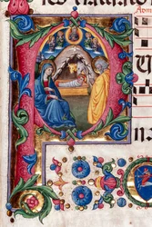 Bibliothèque Piccolomini : livre de chœur, cod. 102.8, ff. 48r avec « Nativité » (détail)