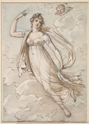 Femme flottant dans le ciel, observée par un chérubin