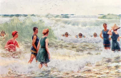 Baignade dans les vagues, surfer sur les vagues