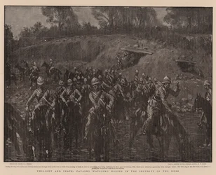 Crépuscule et paix, cavalerie abreuvant les chevaux en toute sécurité au crépuscule