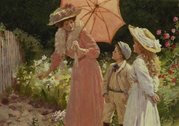 Une dame avec une ombrelle montrant comment faire un tonneau de fraises