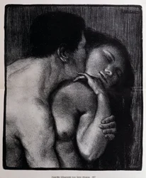Homme embrassant une femme. Lithographie par Pere Torne-Esquius