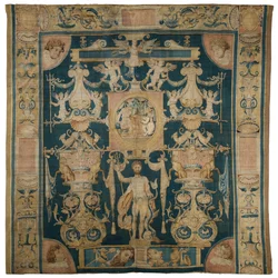 Tapisserie allégorique représentant Neptune de la série Doria Grotesques, avec un médaillon central au-dessus de Poséidon, Bruxelles, vers 1545-50