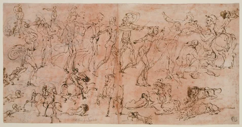 Études de guerriers, cavaliers et lions (recto); Études de têtes et de figures nues, plan de plafond et inscriptions (verso)