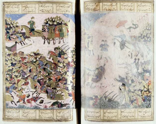 Bataille entre Isfandiyar et Arjasp, illustration du Shahnama (Livre des Rois), par Abul-Qasim Manur Firdawsi (c.934-c.1020) c.1440-45