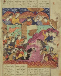 Bataille entre Feradin et Zahaki, illustration du Shahnama (Livre des Rois) par Abul-Qasim Manur Firdawsi (vers 934-vers 1020) 1619