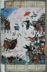 Bataille entre Isfandiyar et Arjasp, illustration du 