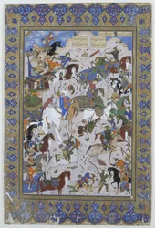 Bataille entre Khusrau et Bahram Chubaina, du poème Layla et Majnun original de Nizami, 1540