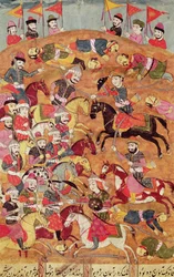 Bataille entre les Perses et les Turaniens, illustration du "Shahnama" (Livre des rois), par Abu