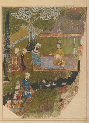 Folio du Zafarnama; verso: Timur accorde une audience à l