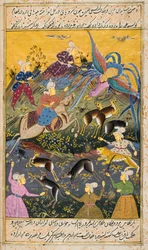 Partie de chasse tuant un tigre et un cerf (aquarelle opaque et or sur papier)