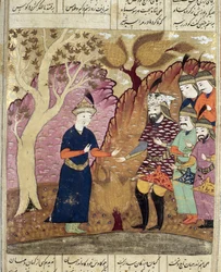 Chevaliers trouvant le Kawus tombé, illustration du Shahnama (Livre des Rois) par Abul-Qasim Manur Firdawsi (c.934-c.1020) 1619
