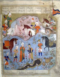Rencontre de Siyarvush et Afrasiyab du Firdosi Shahnam, 1565-66 (gouache avec feuille d