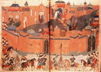 Ms.Sup.Pers.1113.f.180v-181 Mongols sous la direction de Hulagu Khan prenant et capturant Bagdad en 1258, d
