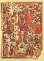 Ms. Supp. Pers. 1113 f.126v Gengis Khan et sa femme Bortei trônant devant des courtisans, folio d