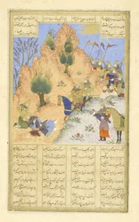 Iskandar réconforte le mourant Dârâ, illustration du Shahnama (Livre des Rois)