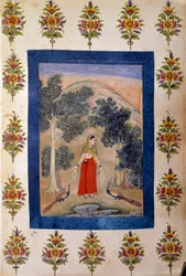 Art persan : dame avec deux colliers de fleurs qu