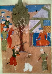 Représentation de Chaghtai Khan (1227-1242) sur son trône, il est le fils de Gengis Khan. Miniature persane tirée de "Jami al-tawarikh" (Jami al-tawarikh) ou "Histoire universelle" par l
