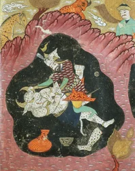 Rostam tuant le Démon Blanc dans une grotte, illustration du Shahnama (Livre des Rois) par Abul-Qasim Manur Firdawsi (c.934-c.1020) 1615