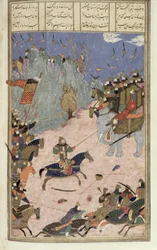 Rustam traîne le Khaqan de son éléphant, illustration du Shahnama (Livre des Rois), par Abul-Qasim Manur Firdawsi (c.934-c.1020) c.1440-45