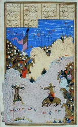 Rustam tire sur Ashkabus et son cheval, illustration du 