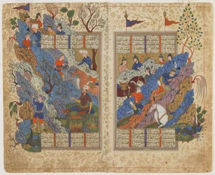 Rustam repousse la roche roulée sur lui par Bahman d
