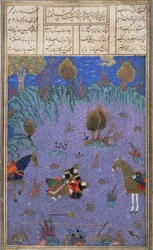 Suhrab tué par son père Rustam, illustration du Shahnama (Livre des Rois), par Abul-Qasim Manur Firdawsi (c.934-c.1020) c.1440-45