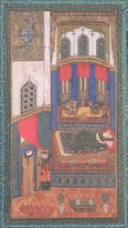 Tahmina entre dans la chambre de Rustam, illustration du Shahnama (Livre des Rois), par Abul-Qasim Manur Firdawsi, de Hérat, Afghanistan, vers 1410