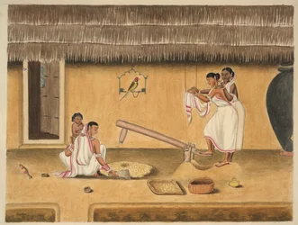 Femmes décortiquant du riz avec un dhenki, vers 1840