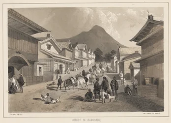Rue à Hakodadi, lithographie par Sarony et Co., 1855