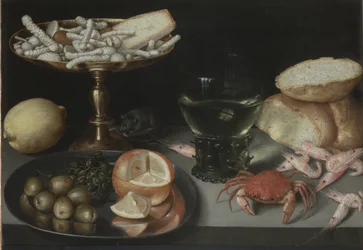 Nature morte avec fruits, sucreries, crustacés, un verre et une souris, vers 1620